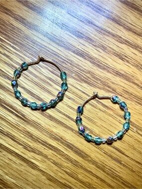 Gold Hoop Earrings with Teal Crystal Beads - Women's Jewelry